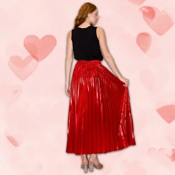 Metallic Pleated Midi Skirt in Red Hot - Picture 3 of 8
